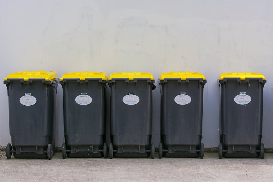 Five large black wheeled rubbish bins with bright yellow lids are lined up against a plain, light-colored wall on a concrete surface. Each bin displays a white oval label with black text, and the bins